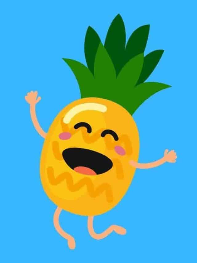 Cartoon graphic of a smiling jumping pineapple on blue background.