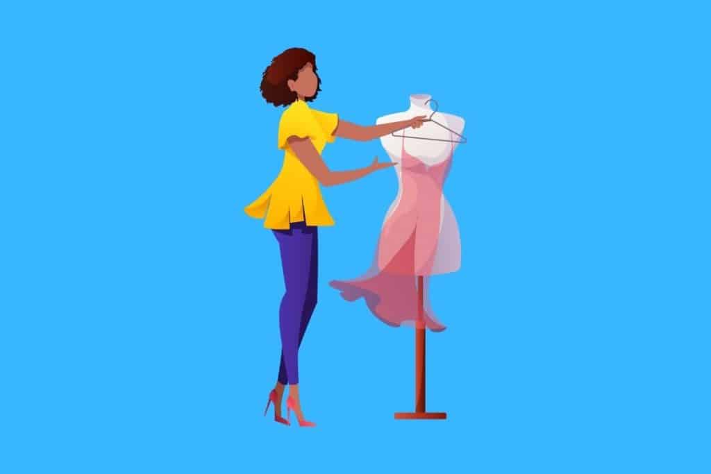 Cartoon graphic of a woman putting a dress on a fashion manikin on a blue background.