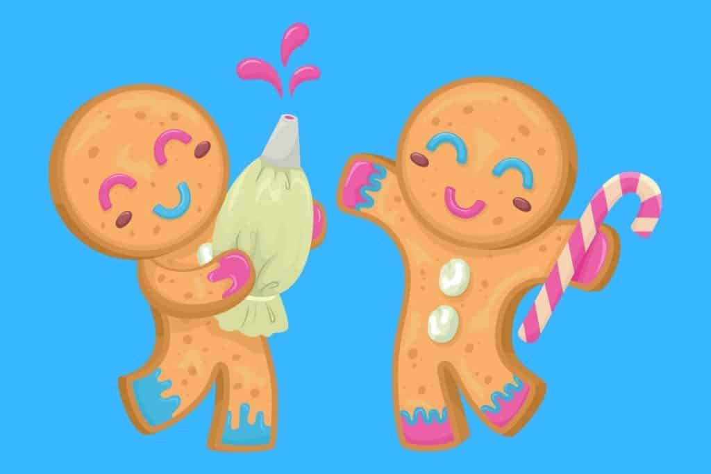 Cartoon graphic of two gingerbread men with an icing tool while smiling on a blue background.