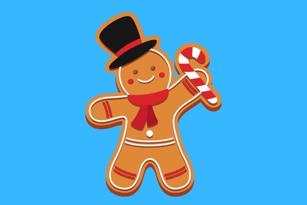 Cartoon graphic of a gingerbread man holding a candy cane and wearing a top hat on a blue background.