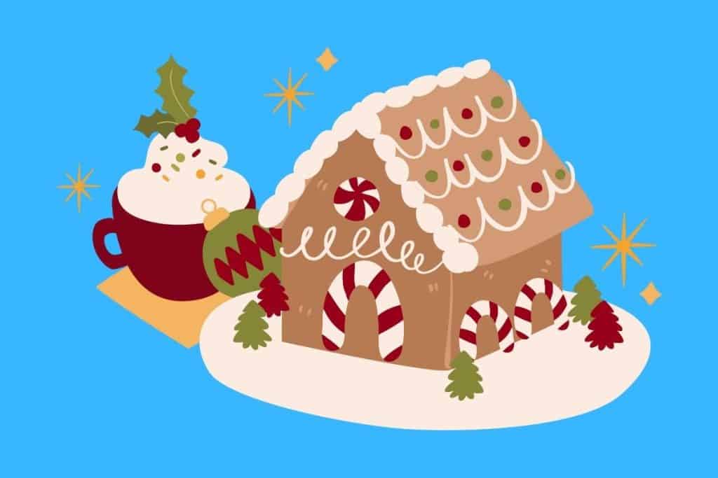 Cartoon graphic of a christmas gingerbread house on a blue background.