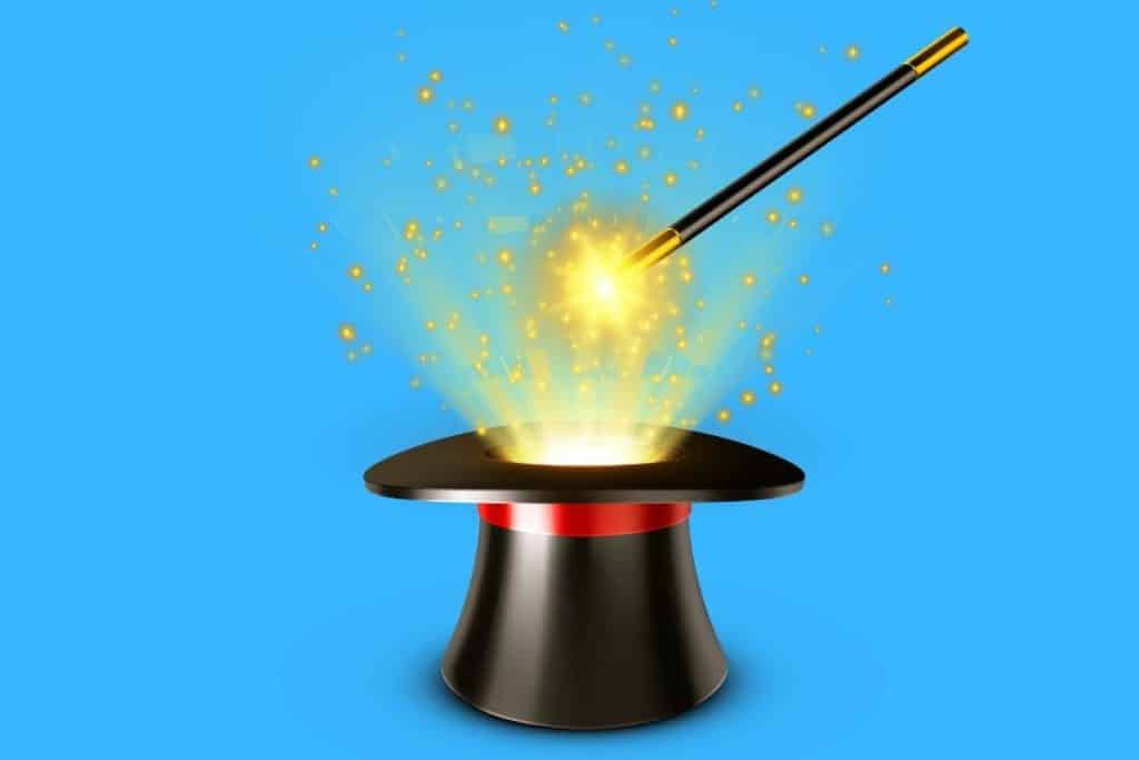 Cartoon graphic of a magician wand being cast on a hat on a blue background.