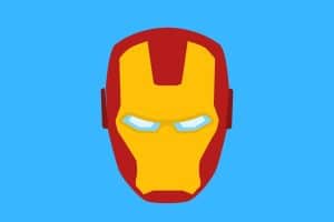Cartoon graphic of a marvel iron man face mask on a blue background.