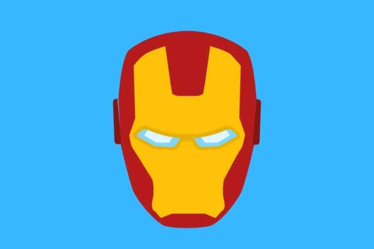 Cartoon graphic of a marvel iron man face mask on a blue background.