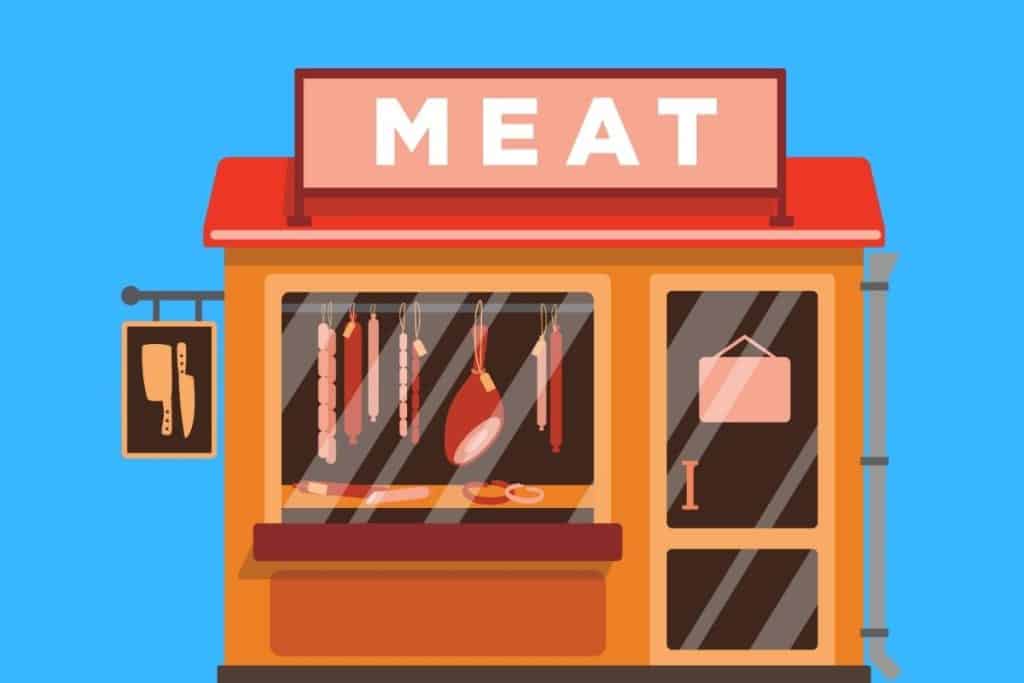 Cartoon graphic of a shop with meat inside on a blue background.