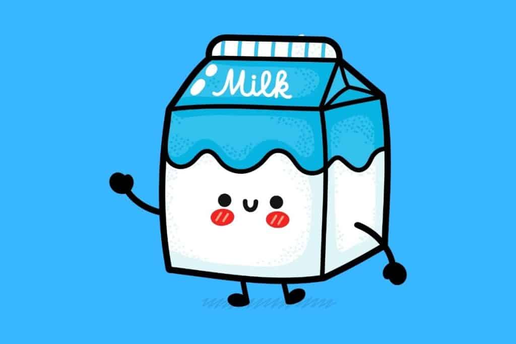 Cartoon graphic of smiling and waving carton of milk on a blue background.