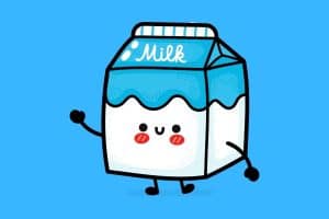 Cartoon graphic of smiling and waving carton of milk on a blue background.