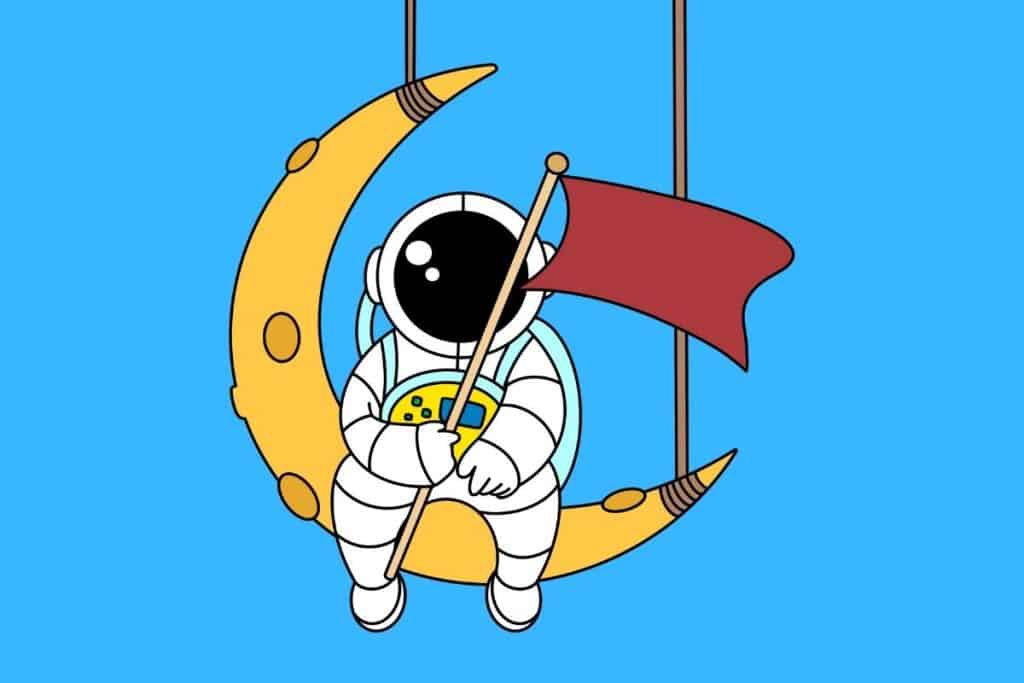 Cartoon graphic of an astronaut sitting on a fake moon holding a flag held up by rope on a blue background.