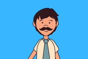 Cartoon graphic of a man with a tie and a mustache on blue background.