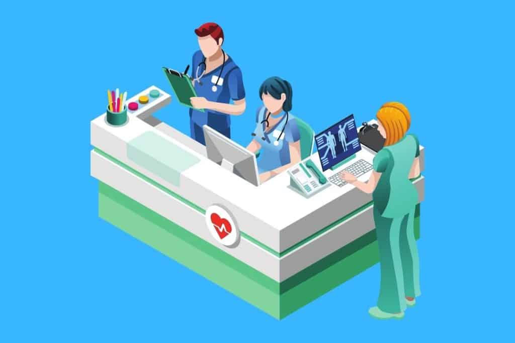Cartoon graphic of a group of nurses at a desk on a blue background.