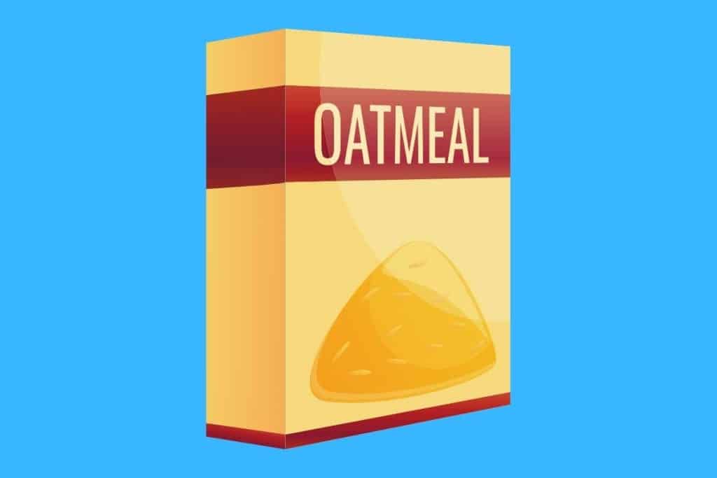 Cartoon graphic of a box of oatmeal on a blue background.