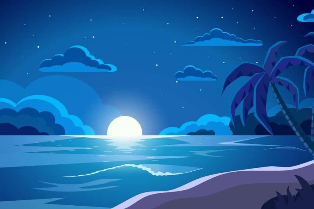 Cartoon graphic of the moon coming up and lighting up a beach and ocean on a blue background.