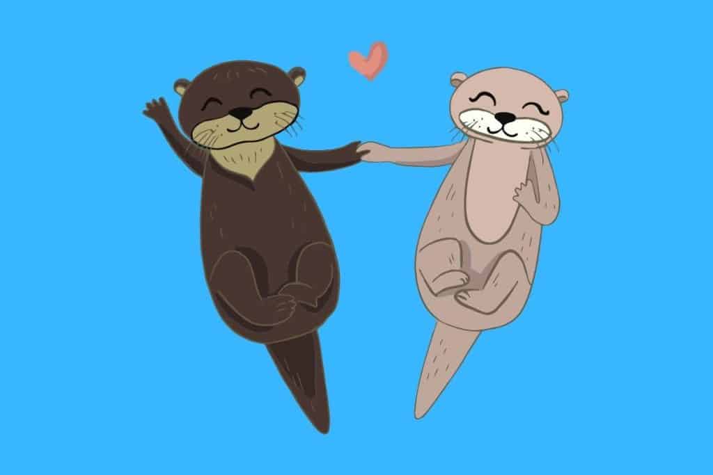 Cartoon graphic of two otters holding hands while in love on a blue background.