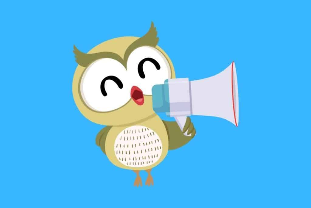 Cartoon graphic of an owl with a microphone on a blue background.