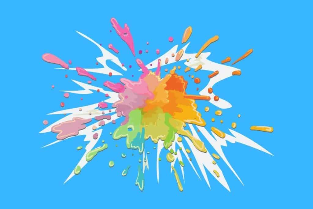 Cartoon graphic of lots of paint colors splattered everywhere on a blue background.