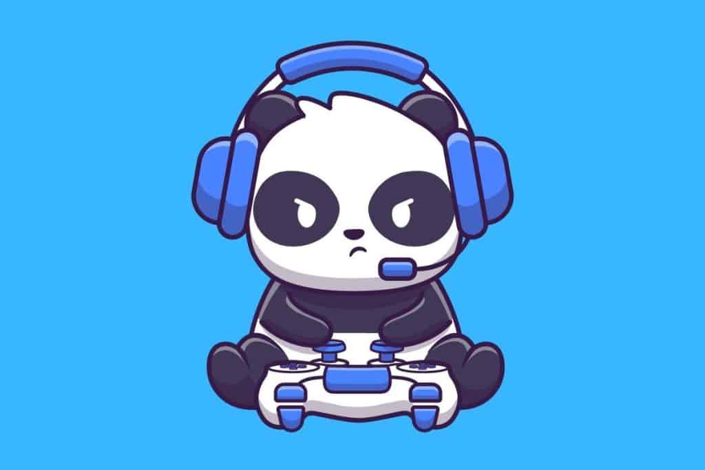 Cartoon graphic of a panda playing with a PlayStation controller and wearing blue headphones on a blue background.