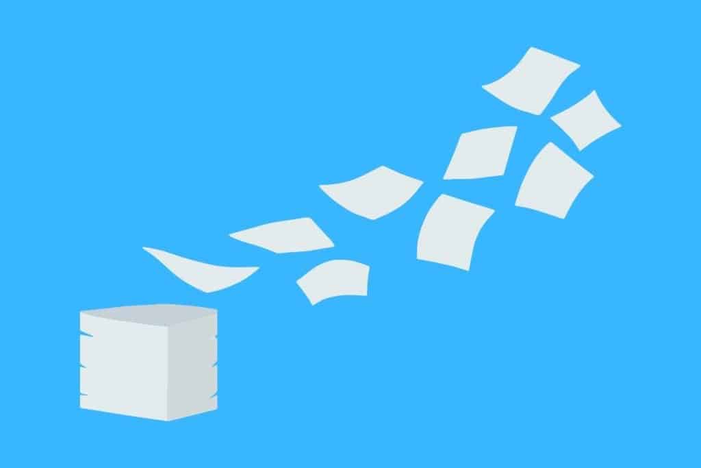Cartoon graphic of a stack of paper being blown away by the wind on a blue background.