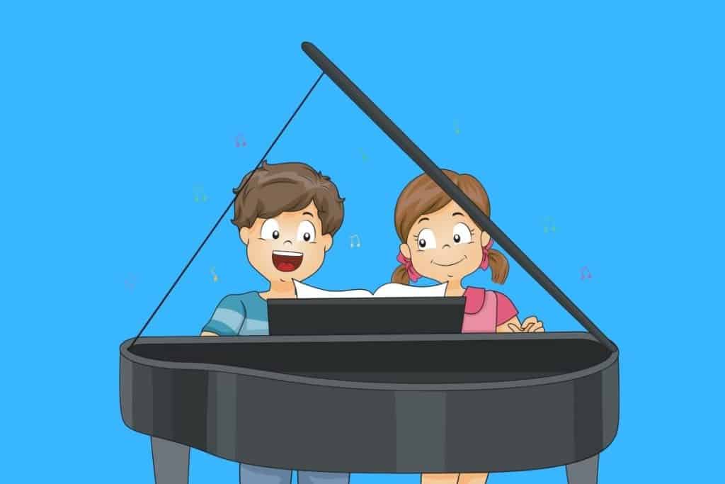 Cartoon graphic of a girl and boy playing together on a grand piano on blue background.