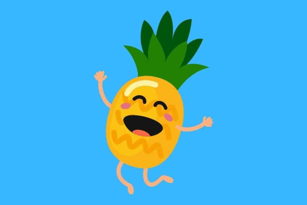 Cartoon graphic of a smiling jumping pineapple on blue background.