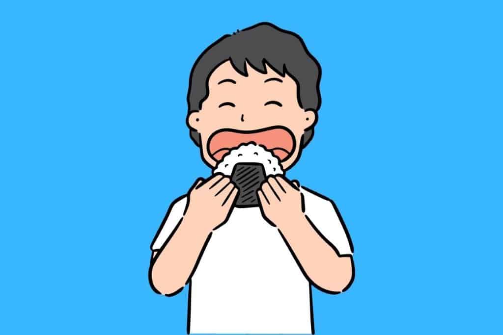 Cartoon graphic of a man eating rice with two hands on blue background.