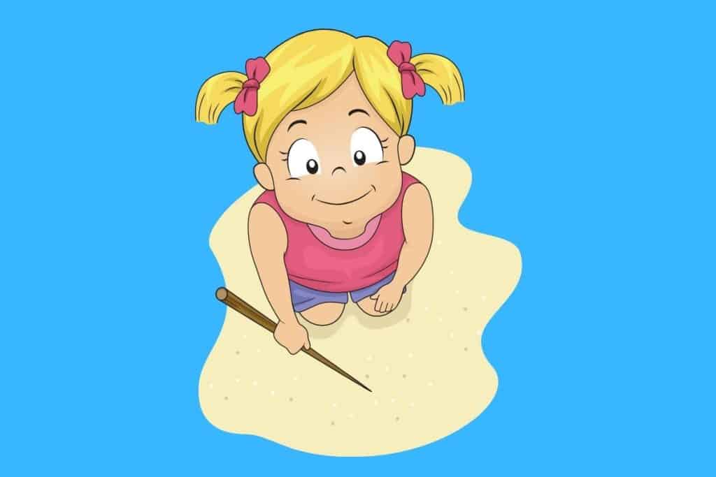 Cartoon graphic of a girl holding a stick while standing on sand and looking up on blue background.