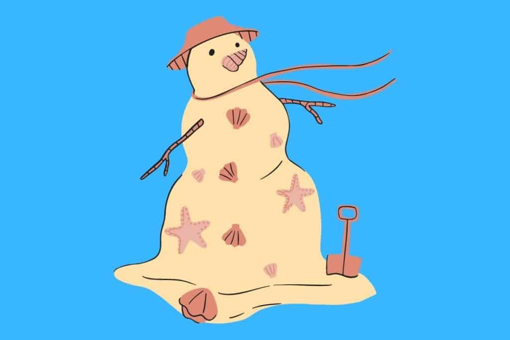 Cartoon graphic of a sand snowman on blue background.