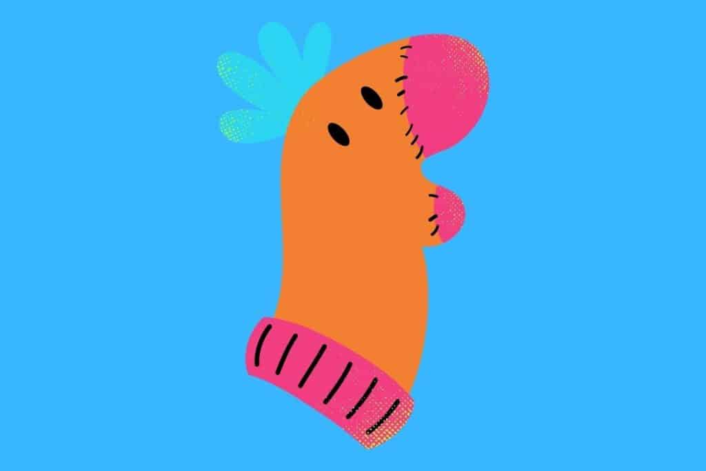 Cartoon graphic of a sock puppet on blue background.