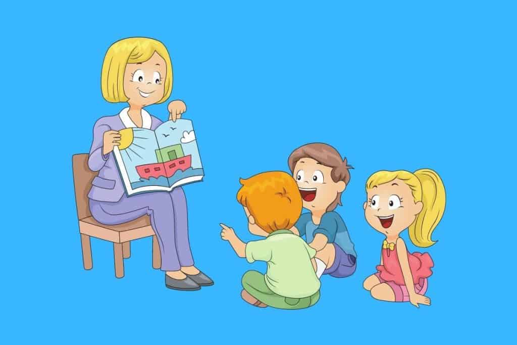 Cartoon graphic of a teacher and students on blue background.