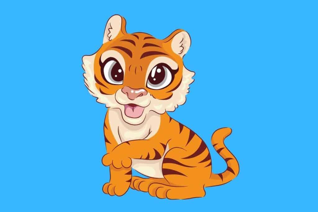 Cartoon graphic of a cute baby tiger on blue background.