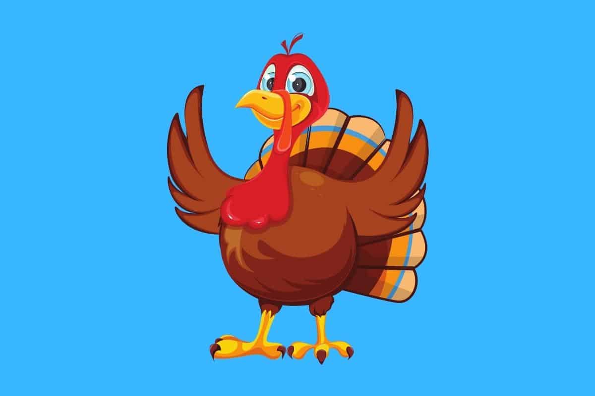 Cartoon graphic of a smiling turkey on blue background.