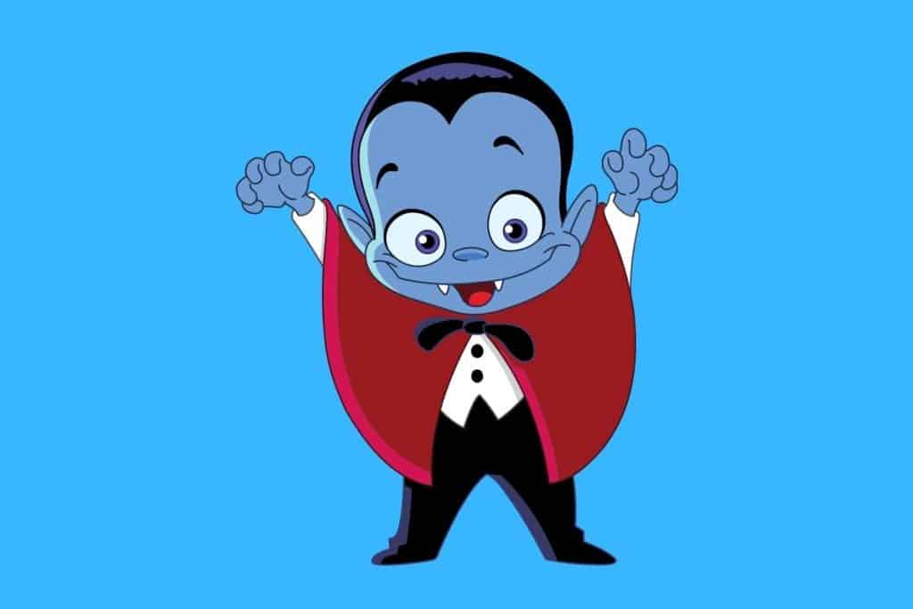 Cartoon graphic of a blue faced vampire on blue background.
