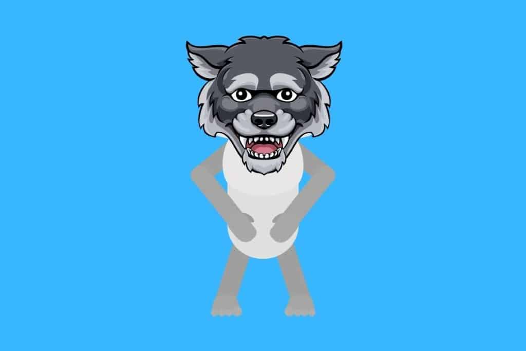 Cartoon graphic of a wolf body with big wolf head on blue background.