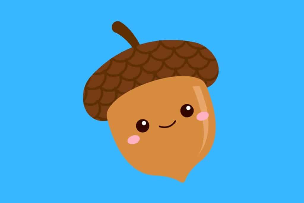 Cartoon graphic of an acorn smiling on a blue background.