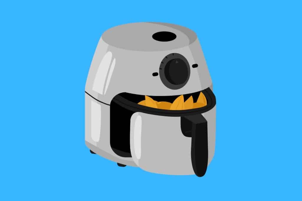 Cartoon graphic of a gray air fryer half opened with wedges inside on a blue background.