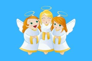 Cartoon graphic of 3 smiling female angels singing on a blue background.