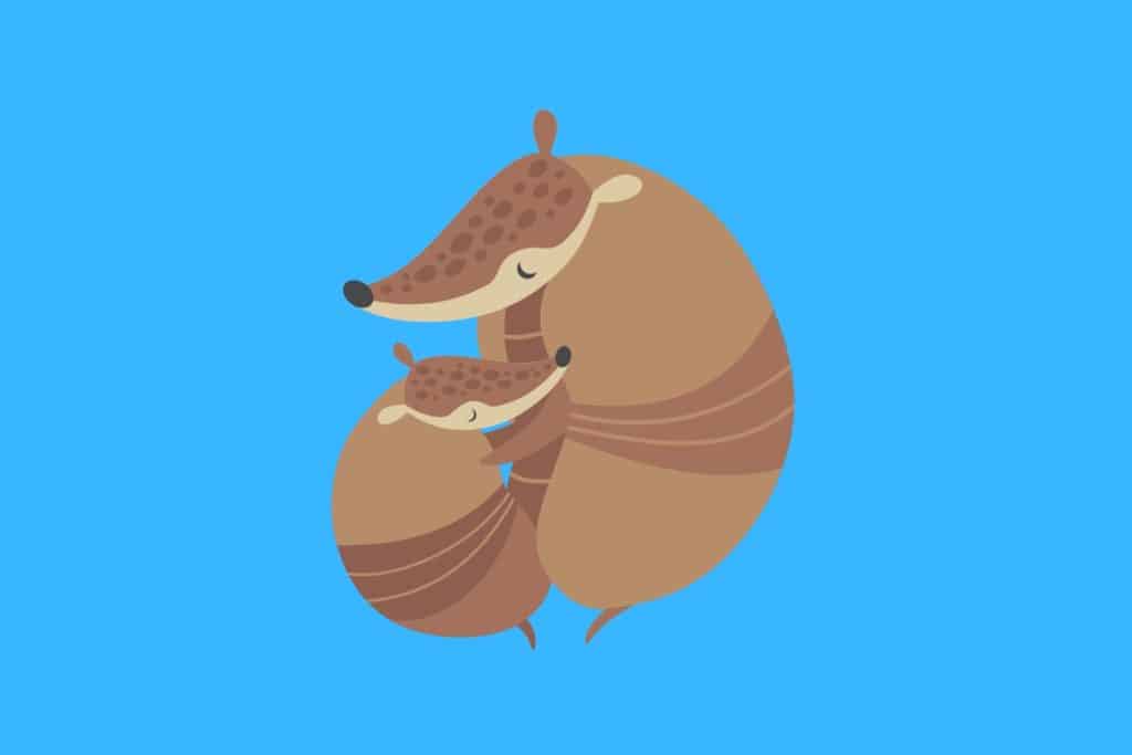 Cartoon graphic of an armadillo and its child hugging on a blue background.