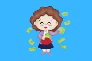 Cartoon graphic of an aunt throwing notes of money from her purse on a blue background.