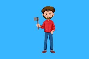 Cartoon graphic of a man holding a small axe n his right hand on a blue background.