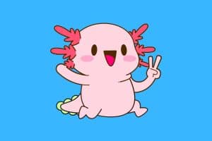 Cartoon graphic of an axolotl smiling and doing the peace sign with its left hand on a blue background.