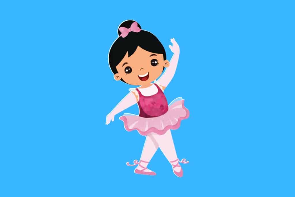 Cartoon graphic of a smiling young ballet dancer in a pink tutu on a blue background.
