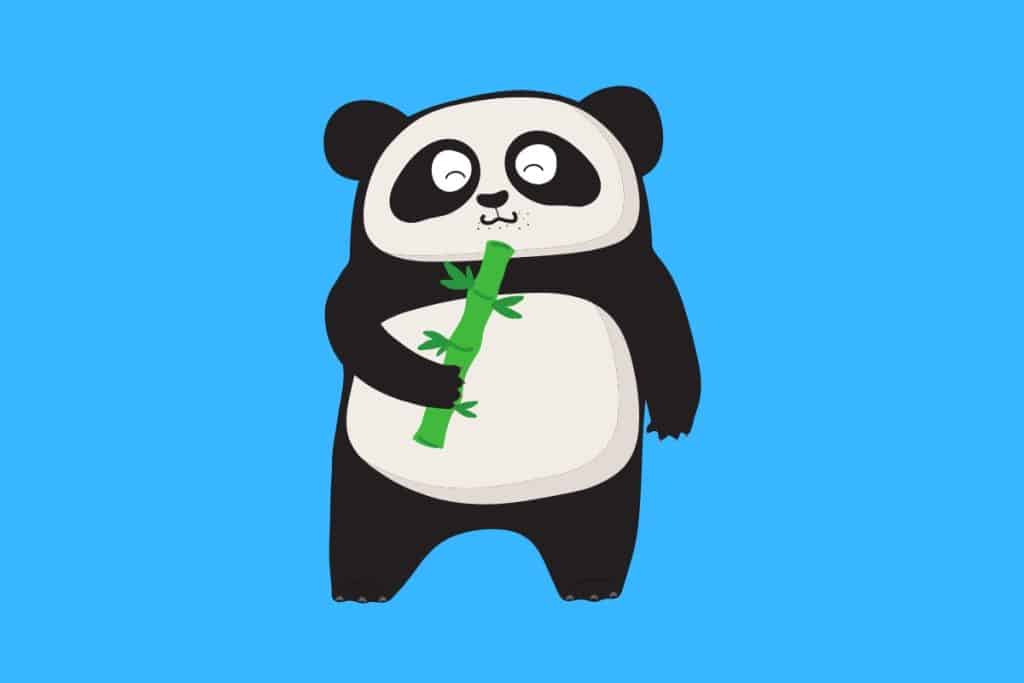 Cartoon graphic of a panda standing and eating bamboo on a blue background.