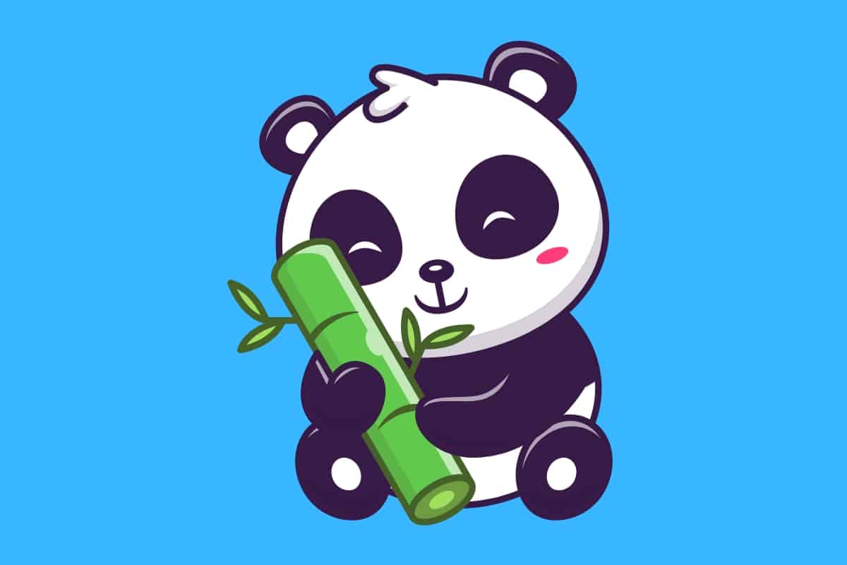 Cartoon graphic of a cute little panda hugging a bamboo shoot on a blue background.