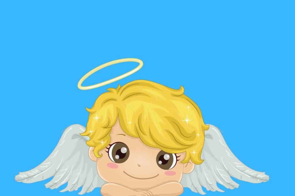 Cartoon graphic of a cute little boy angel looking at you on a blue background.