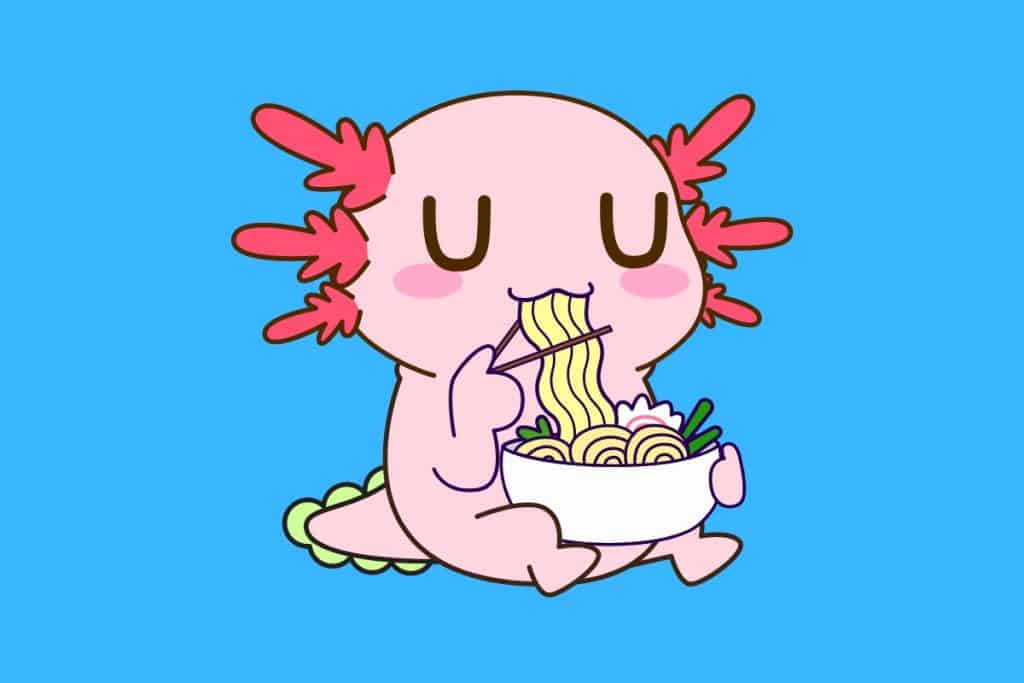 Cartoon graphic of an axolotl eating noodles from a bowl on a blue background.