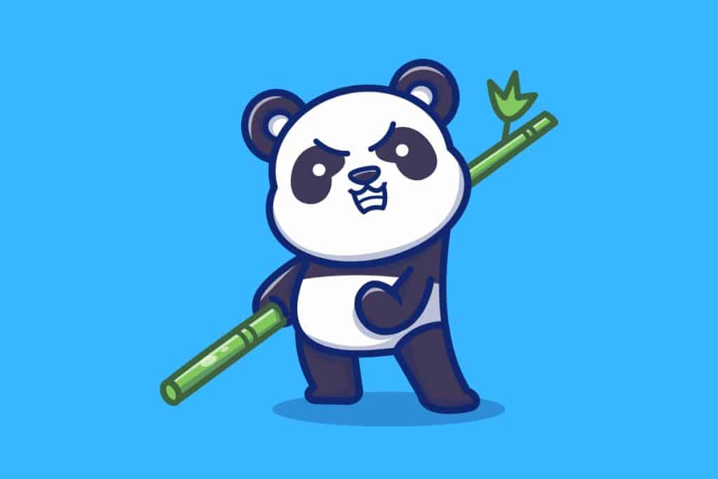 Cartoon graphic of an angry looking panda holding a piece of bamboo like a staff behind its back on a blue background.