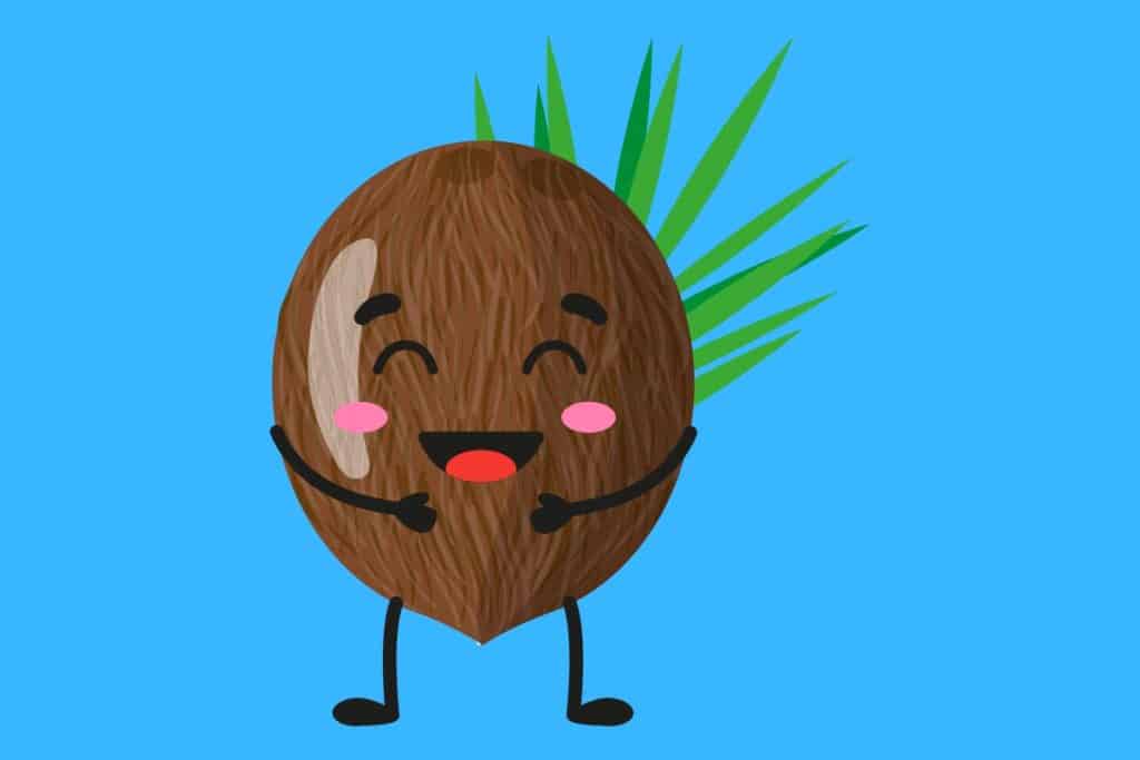 Cartoon graphic of a smiling coconut with sharp long leaves behind on a blue background.