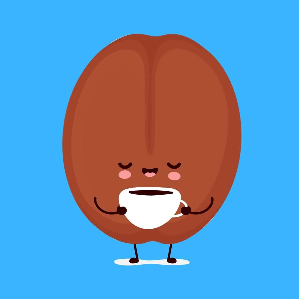 Cartoon graphic of coffee bean drinking coffee on blue background.