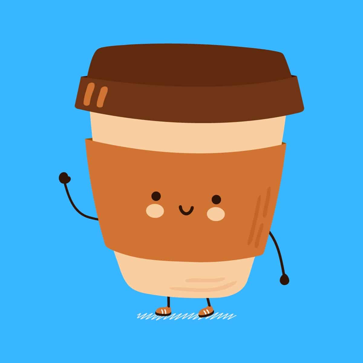 Cartoon graphic of coffee cup waving on blue background.