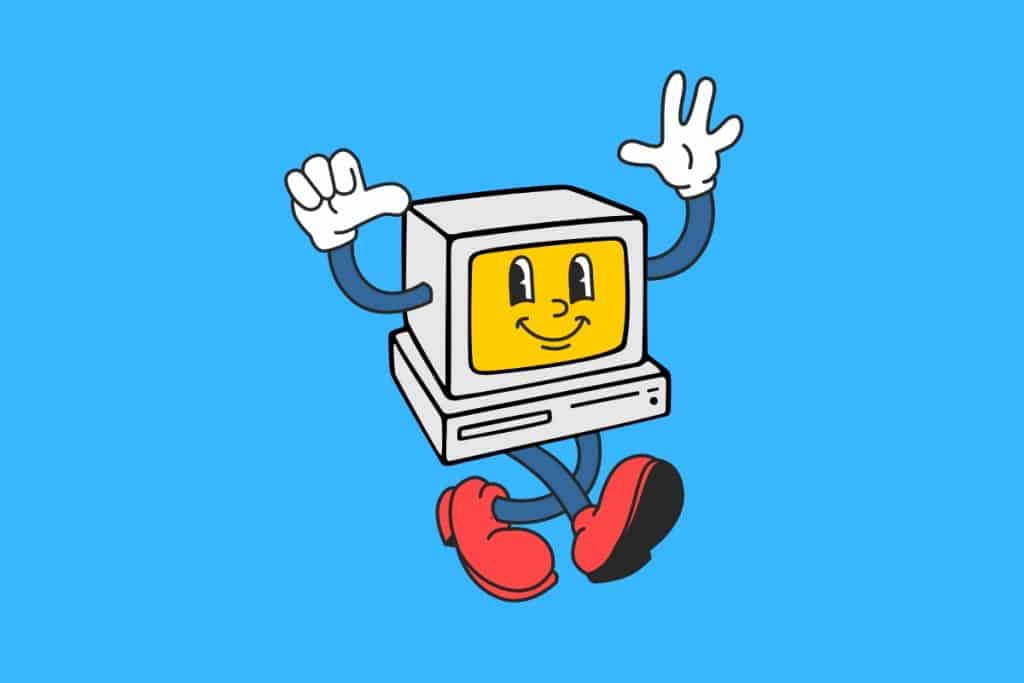 Cartoon graphic of a walking and smiling computer with hands in the air on a blue background.
