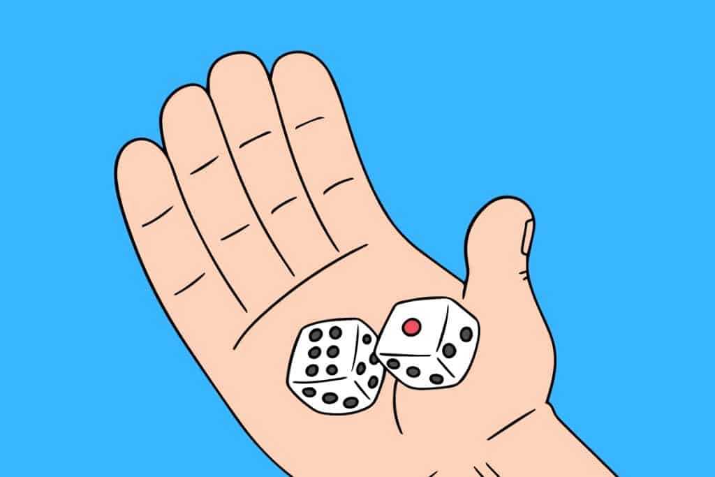 Cartoon graphic of a hand holding two dice on a blue background.